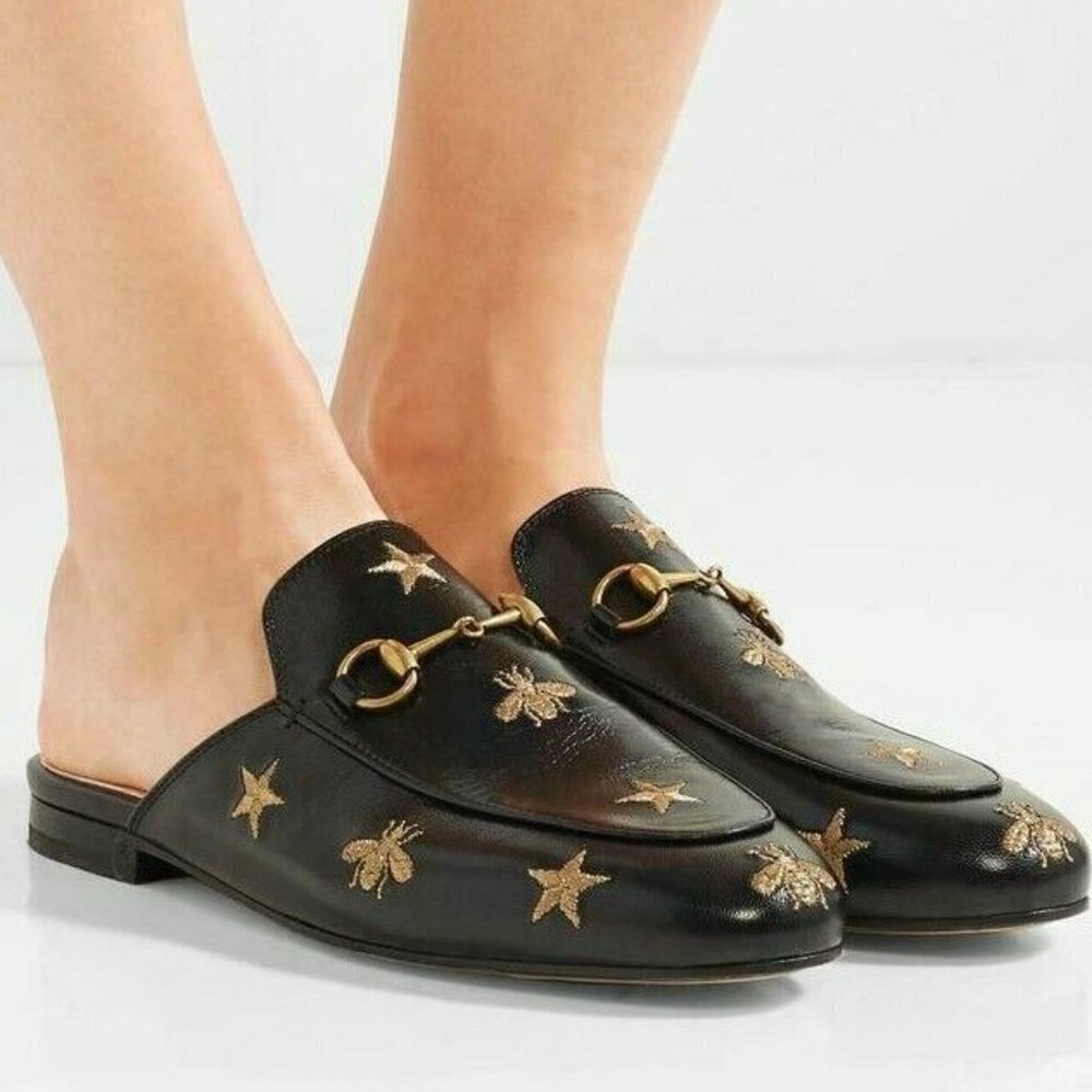 GUCCI Princetown Bees & Stars Embroidered Mules Black Leather Blogger Celebrity - Picture 2 of 13